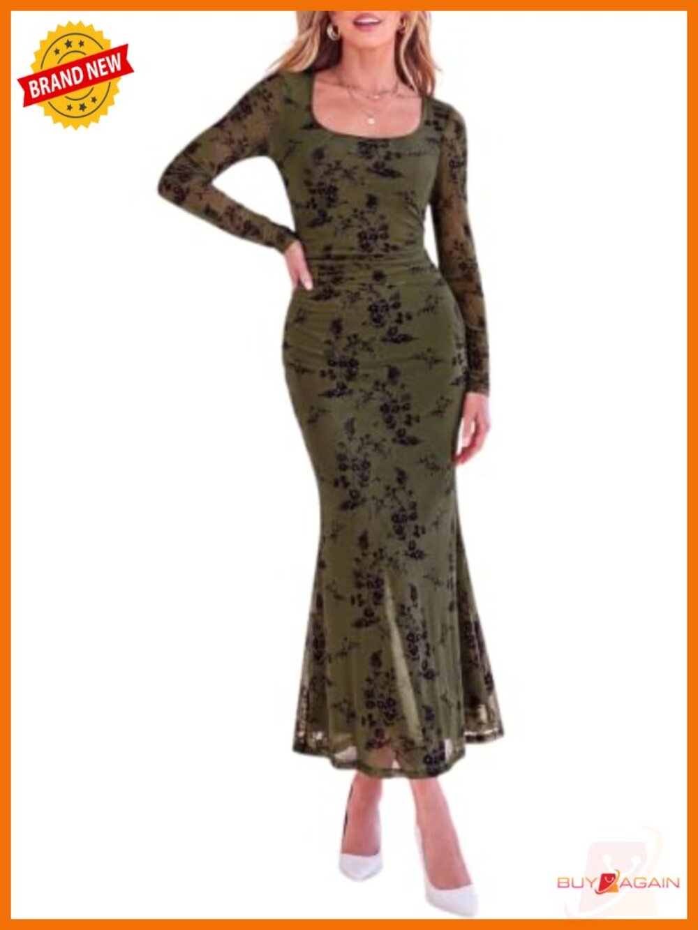 Long Sleeve Floral Mesh Maxi Bodycon Dress Square Neck Mermaid Formal